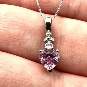 10K White Gold Pink Sapphire Heart Pendant 18 Inch Necklace